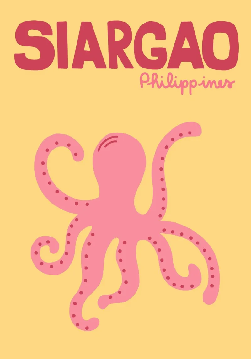 Siargao Filippine, Polpo retrò, Arte di viaggio poster con telaio in alluminio da dawnthesea