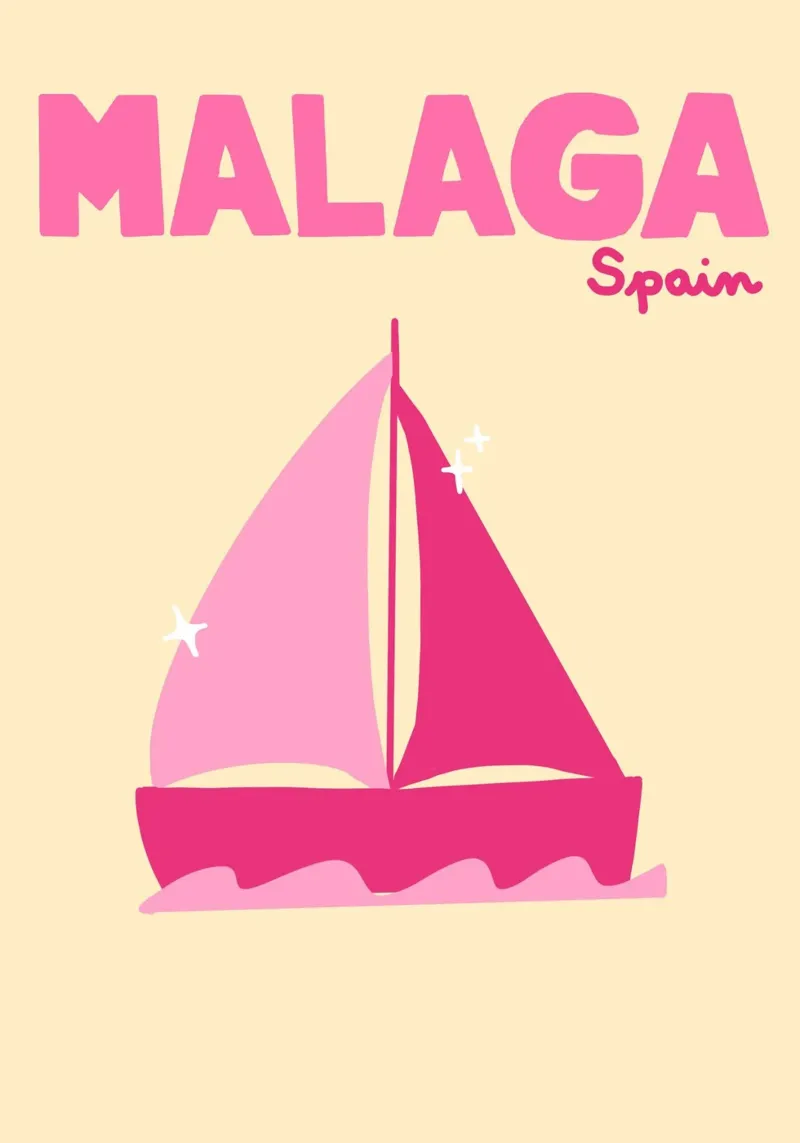 Malaga Spanje Poster, Retro Zeilboot, Reiskunst canvas met Baklijst van dawnthesea
