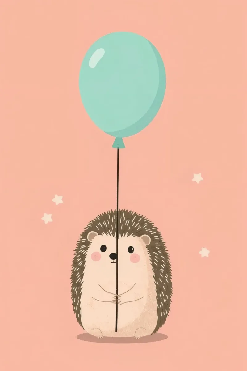 Riccio che tiene in mano un palloncino verde acqua su sfondo color pesca poster da DesignDoodle