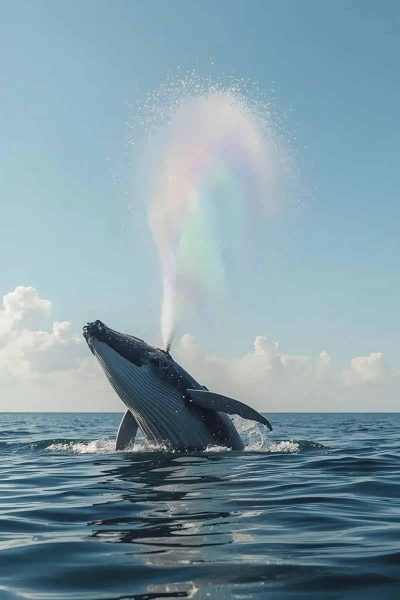 Balena megattera che si infrange con un getto d'acqua arcobaleno poster da DesignDoodle