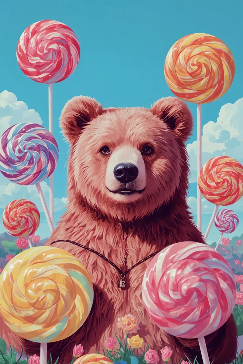 Orso con lecca-lecca e fiori tela con Cornice a cassetta da DesignDoodle