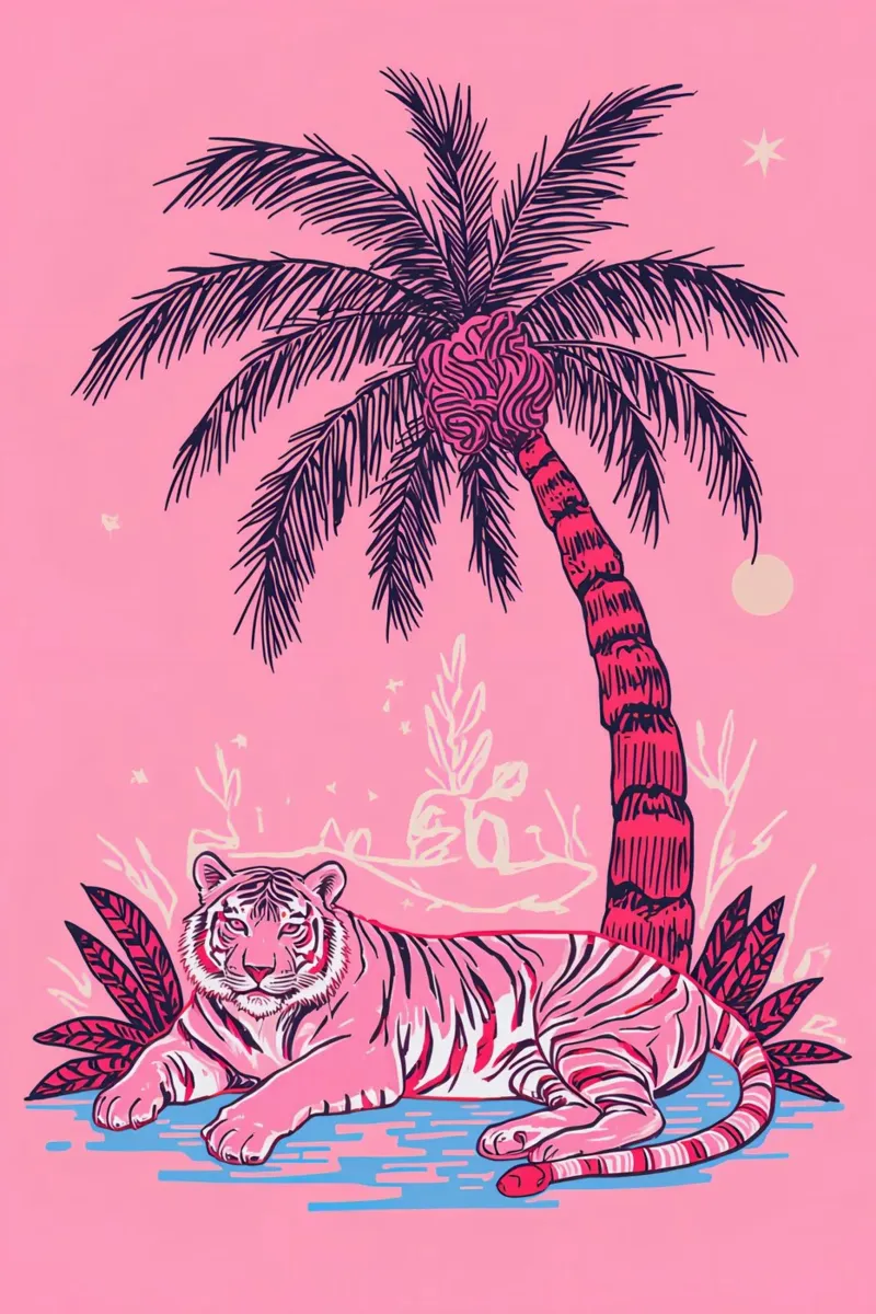 Tigre sotto una palma con combinazione di colori rosa poster da DesignDoodle