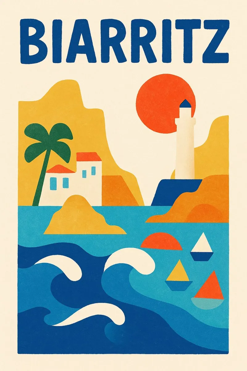 Poster d'epoca di Biarritz - oceano, faro e onde basche poster da JETLAG | affiches voyage