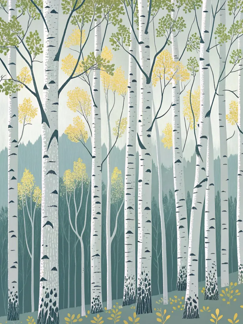 Bosco di betulle incantato: Una foresta scintillante d'argento e d'oro poster da Artistic-shop