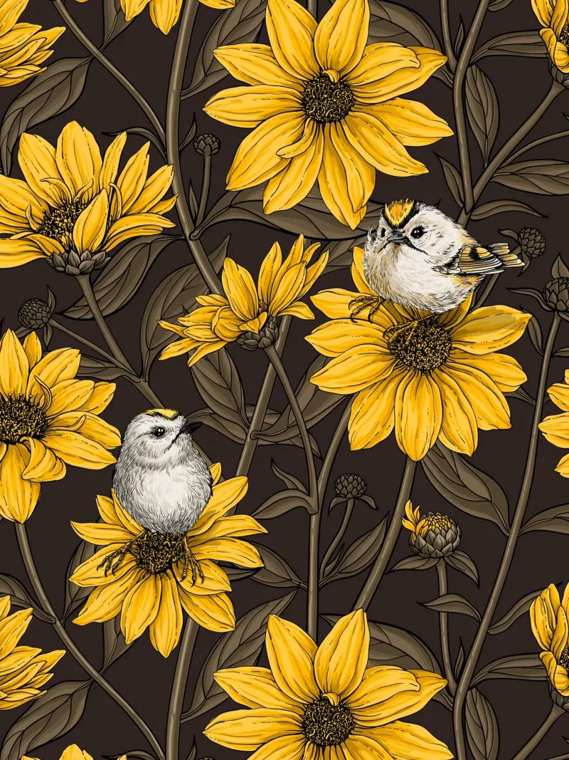 Girasoli selvatici e uccelli di tipo goldcrest/giallo e marrone poster da Painted Nature