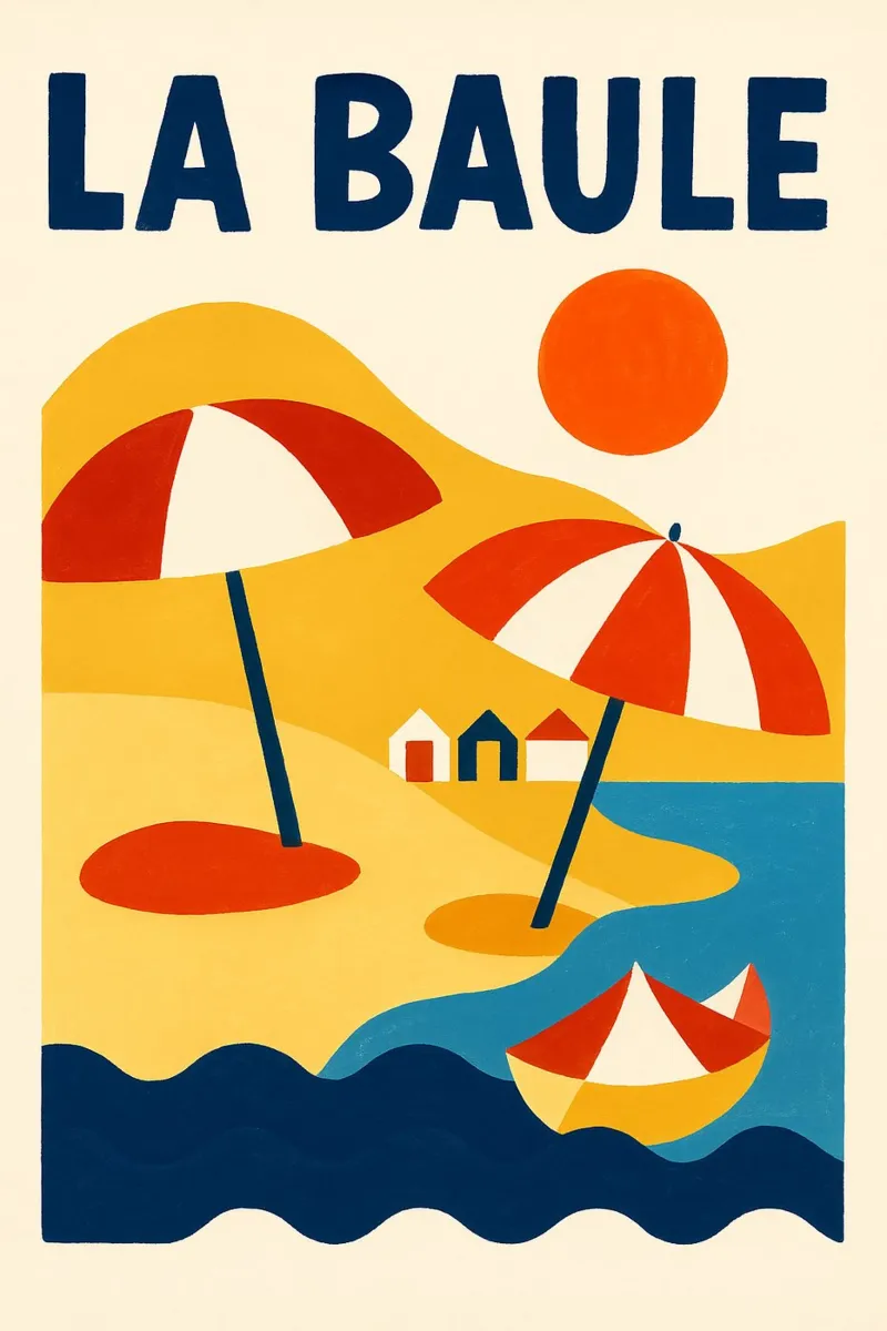 Poster retrò La Baule - spiaggia dorata e ombrelloni rossi poster con telaio in legno da JETLAG | affiches voyage