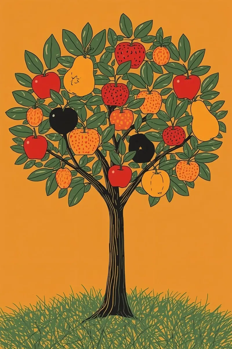 Albero da frutto con mele, pere e foglie verdi poster con telaio in plastica da DesignDoodle