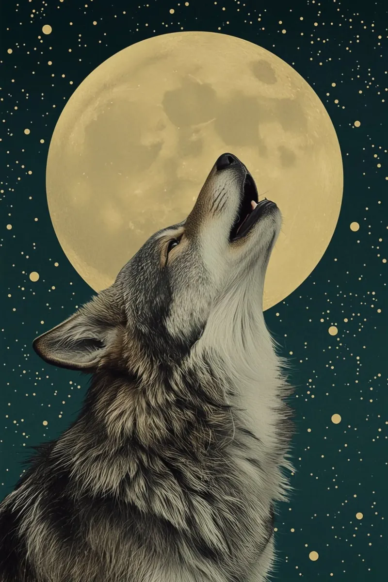 Howling Wolf in Front of Full Moon and Starry Sky canvas with Floater frame by DesignDoodle