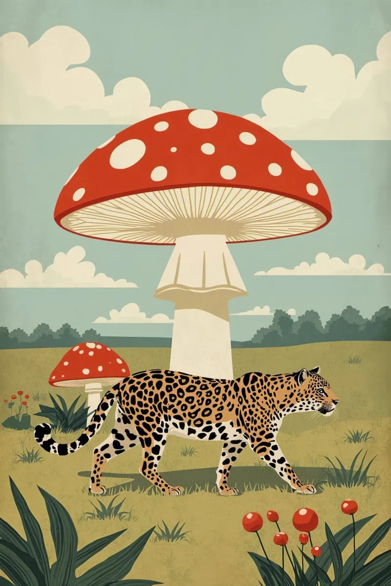 Giaguaro e funghi maculati in un campo poster con telaio in legno da DesignDoodle
