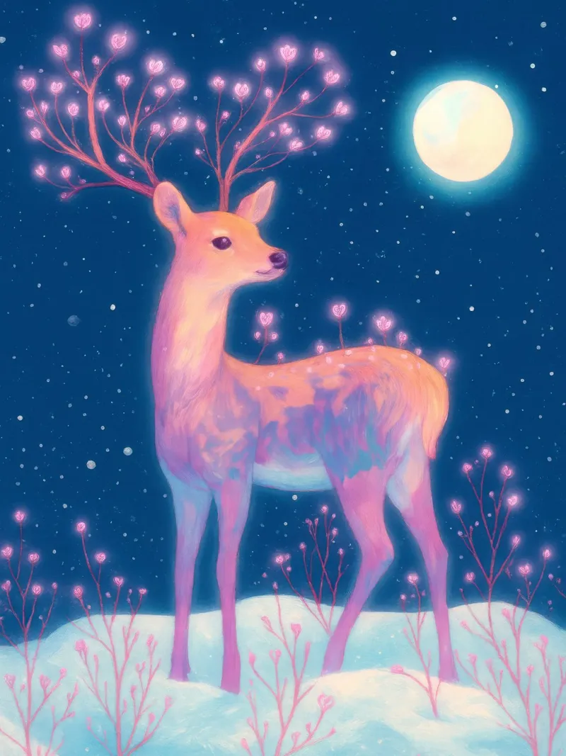 Sognante cervo rosa con luna e fiori nella neve Boho Inverno poster da Gentle Echoes Art