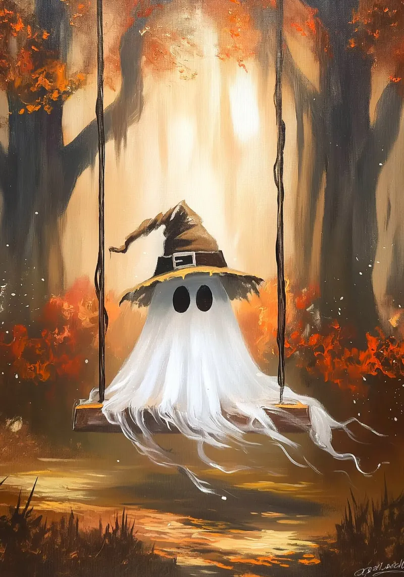 L'altalena dei fantasmi di Halloween poster con telaio in plastica da Fleur de Lys