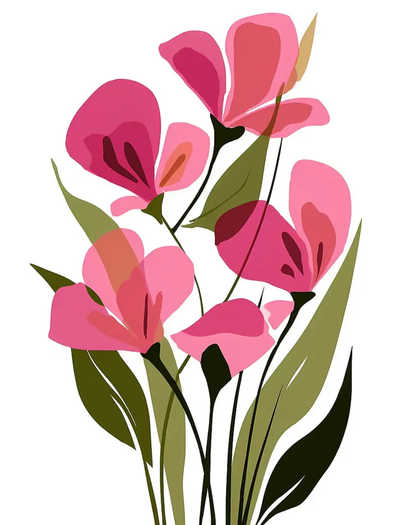 Roze bloemenillustratie op witte achtergrond canvas met Baklijst van Noah Bouchard