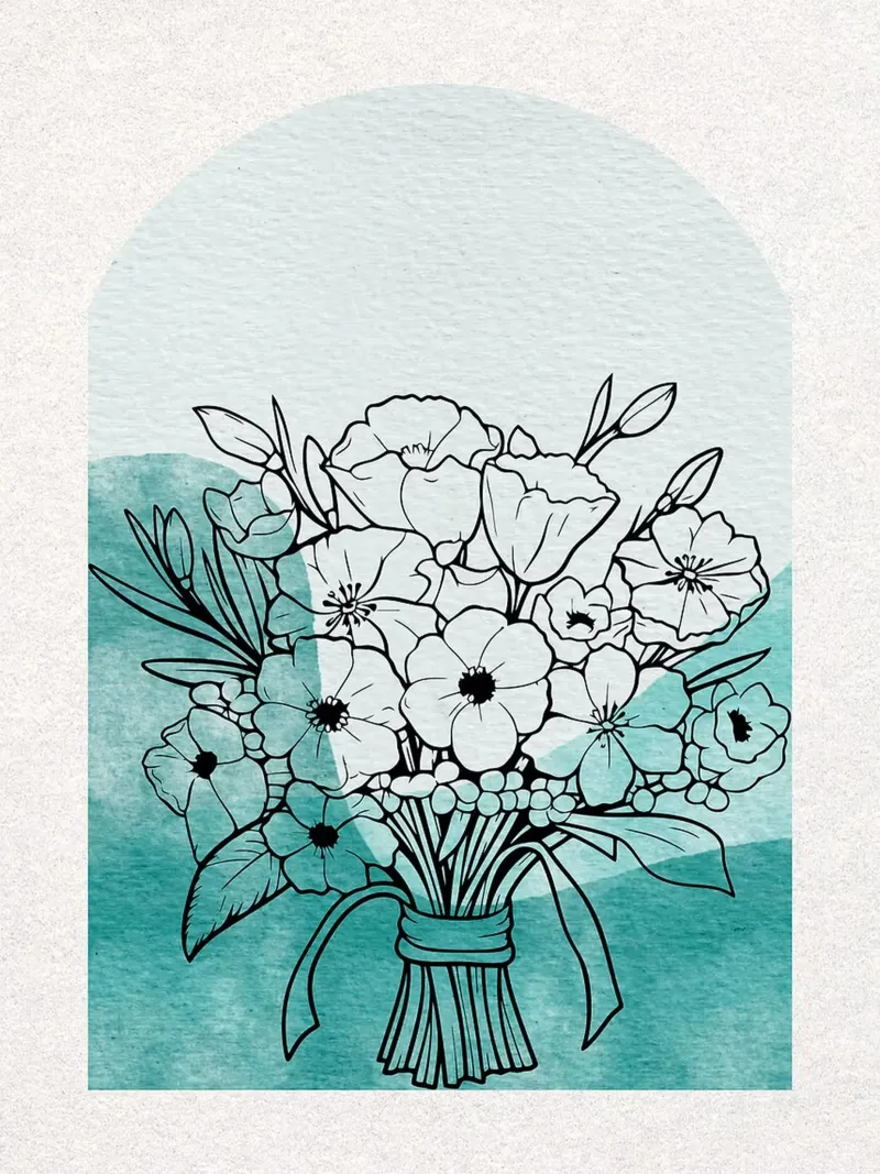 Bouquet floreale con arco acquerellato verde acqua poster con telaio in plastica da Liam Lee