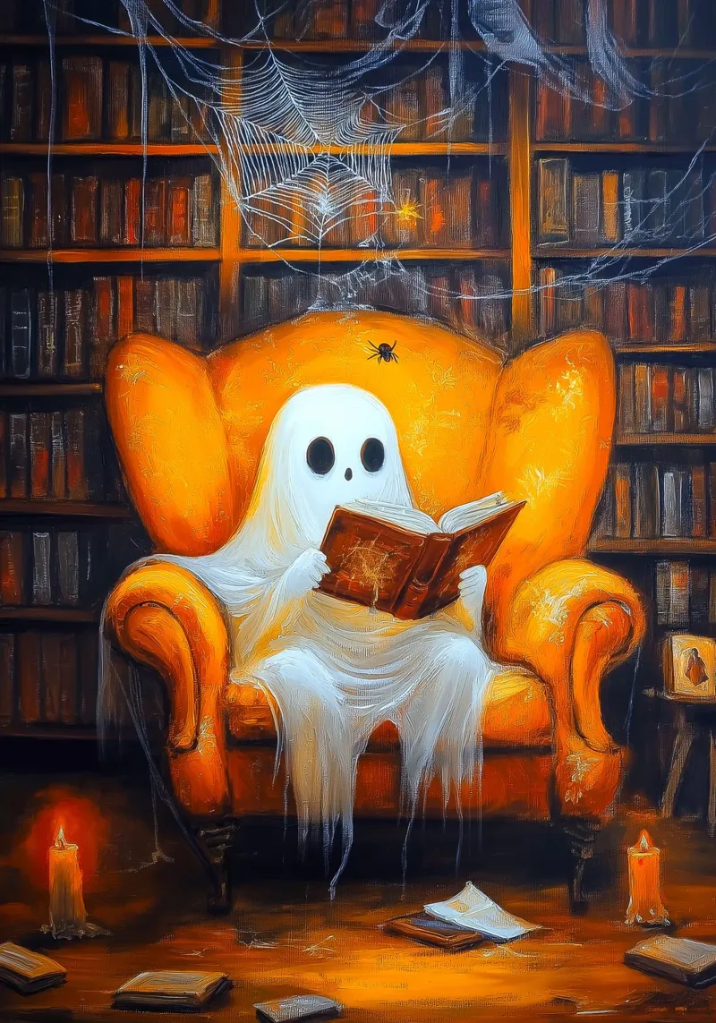 Halloween Ghost Reading in Armchair Haunted Library canvas with Floater frame by Fleur de Lys