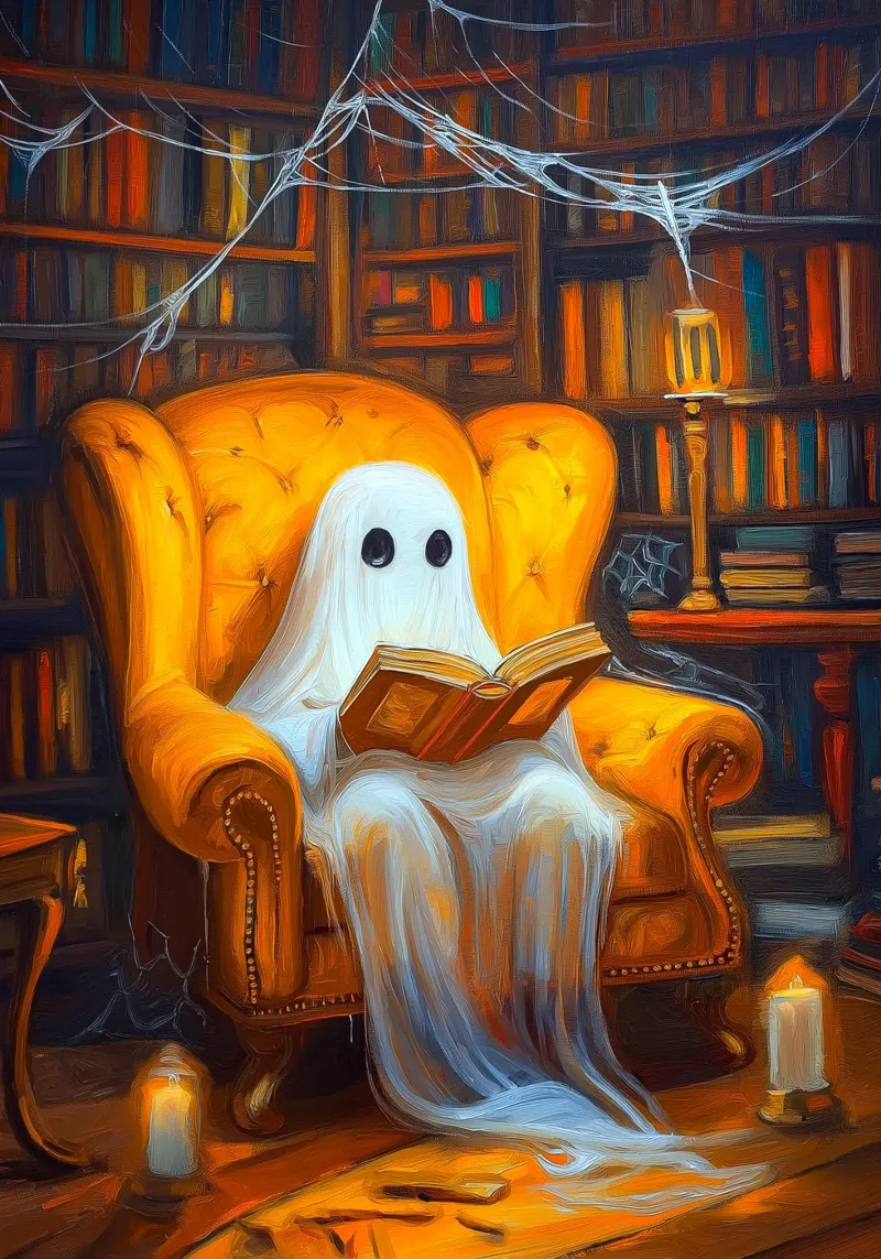 Halloween Ghost Reading in Armchair Haunted Library canvas with Floater frame by Fleur de Lys