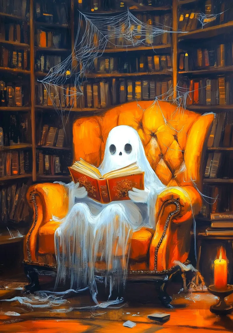 Halloween Ghost Reading in Armchair Haunted Library canvas with Floater frame by Fleur de Lys
