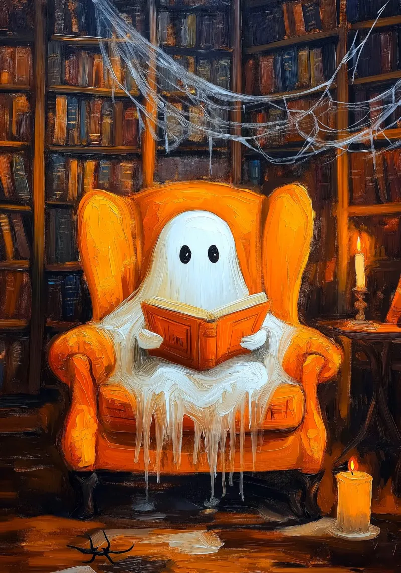 Halloween Ghost Reading in Armchair Haunted Library canvas with Floater frame by Fleur de Lys