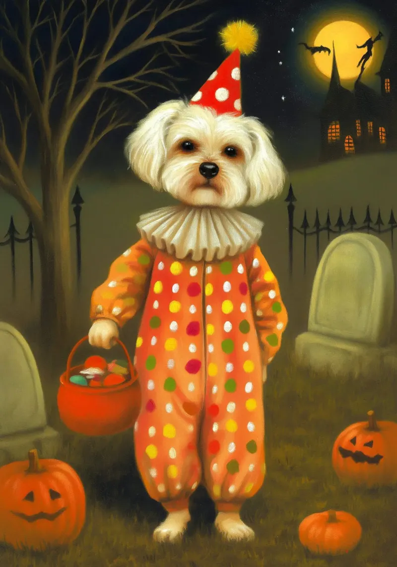 Cane clown di Halloween: dolcetto o scherzetto in un cimitero poster da Fleur de Lys