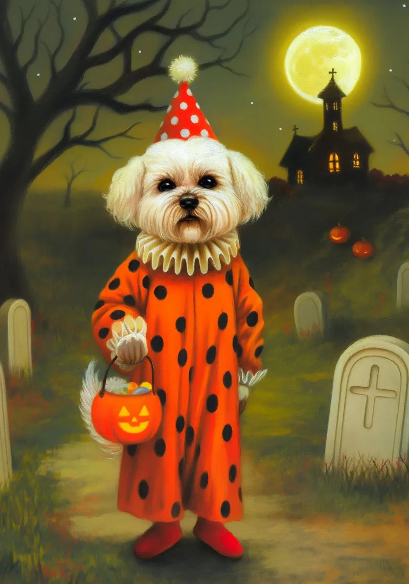 Cane clown di Halloween: dolcetto o scherzetto in un cimitero poster da Fleur de Lys