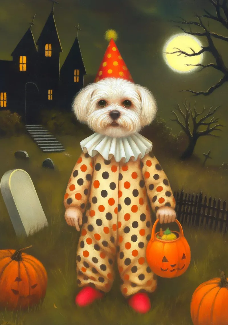 Cane clown di Halloween: dolcetto o scherzetto in un cimitero poster da Fleur de Lys
