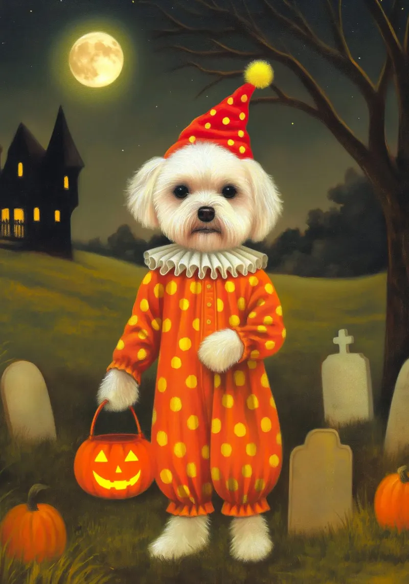 Cane clown di Halloween: dolcetto o scherzetto in un cimitero poster da Fleur de Lys