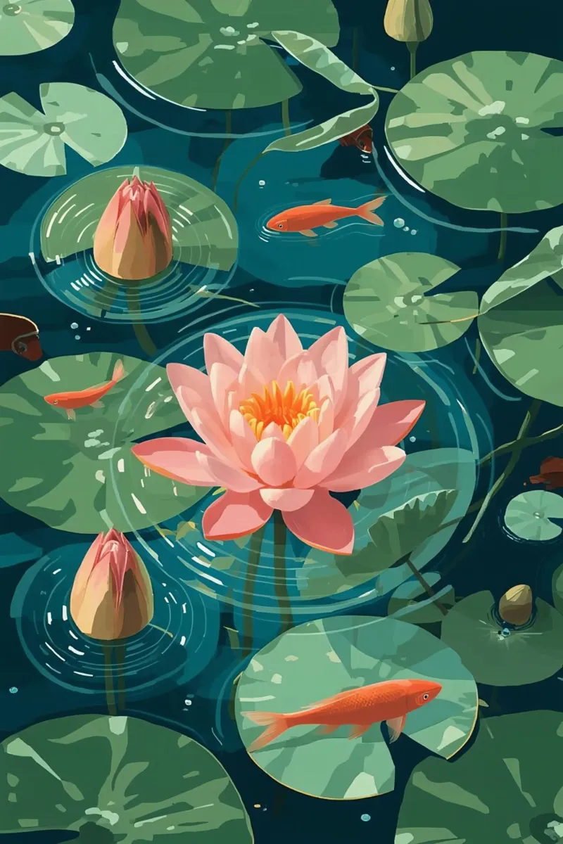 Lelie Pads Lotusbloemknoppen en Vissen in Vijver canvas met Baklijst van DesignDoodle