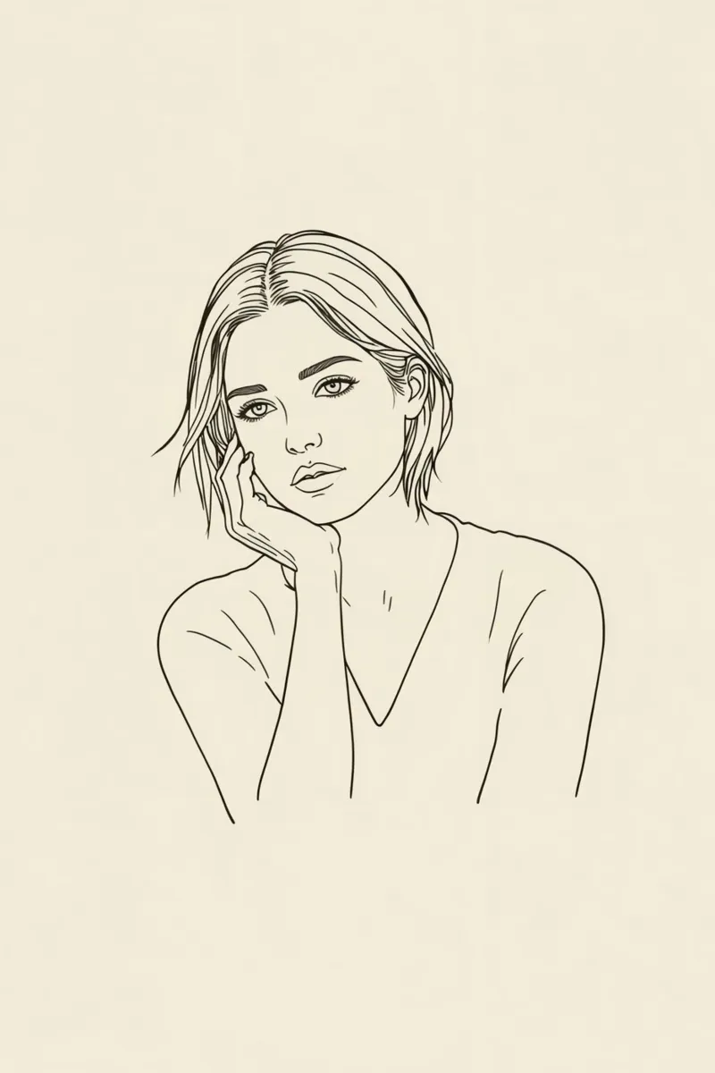 Line Art Zeichnung einer Frau, die ihr Kinn auf die Hand stützt Poster von DesignDoodle