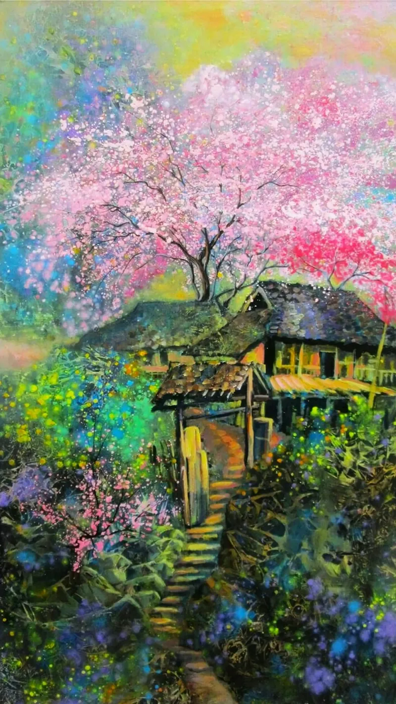 house in mountain with blossom poster con telaio in plastica da huminity