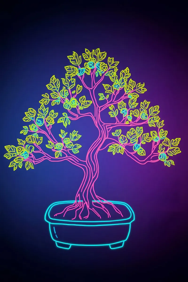 Neon Bonsai Tree in Pot Outline canvas with Floater frame by DesignDoodle