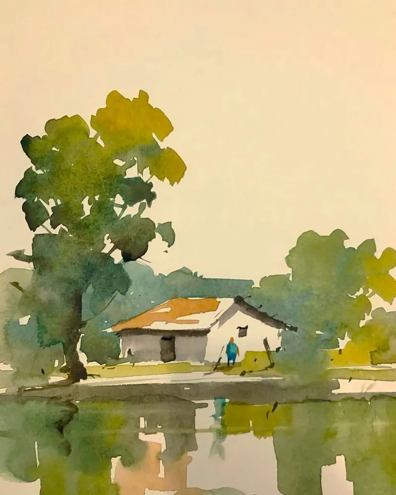 line of house and tree tela con Cornice a cassetta da sunity