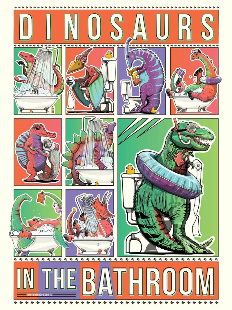 Dinosauri in bagno ll poster con telaio in alluminio da David Jackson