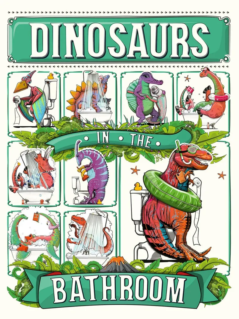 Dinosauri nel bagno l poster con telaio in legno da David Jackson