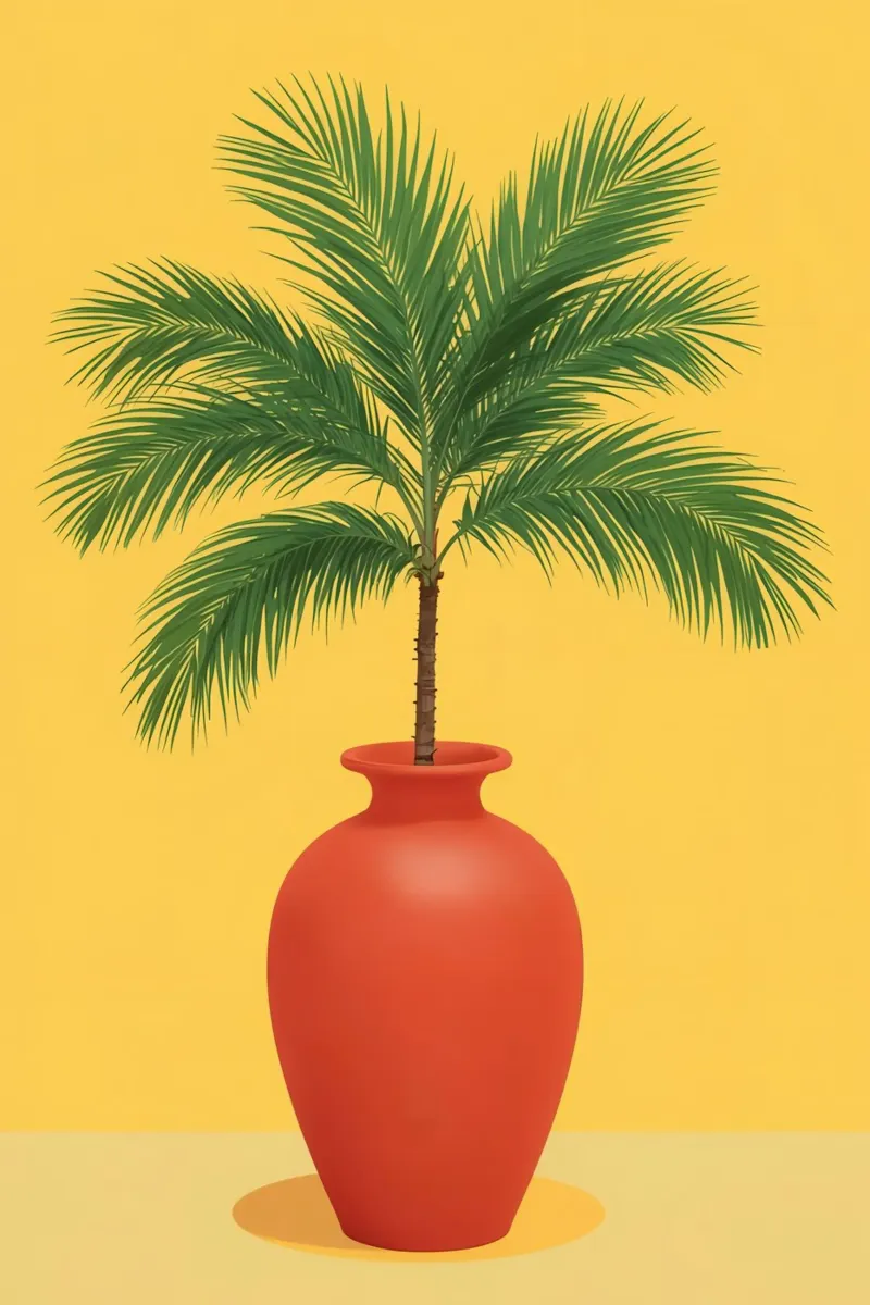 Palmboom in rode vaas op gele achtergrond canvas met Baklijst van DesignDoodle