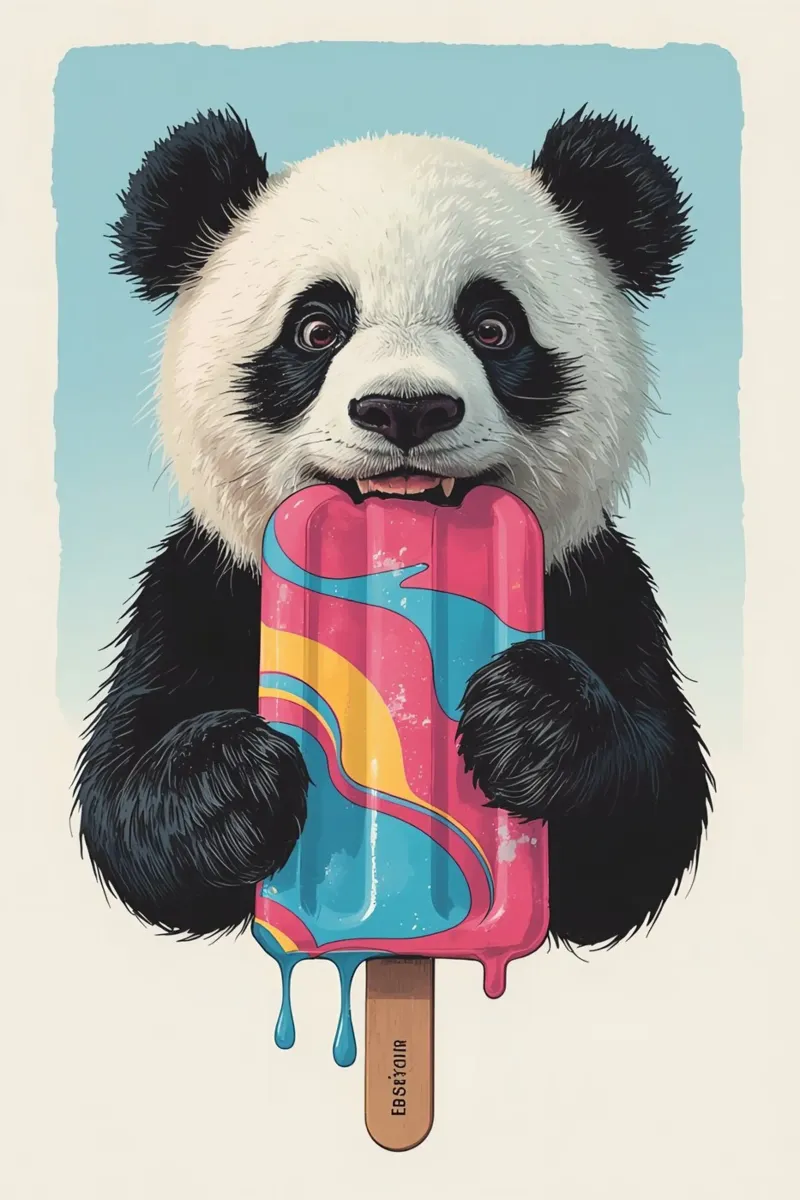 Panda Bear Biting Multi-Colored Popsicle canvas with Floater frame by DesignDoodle