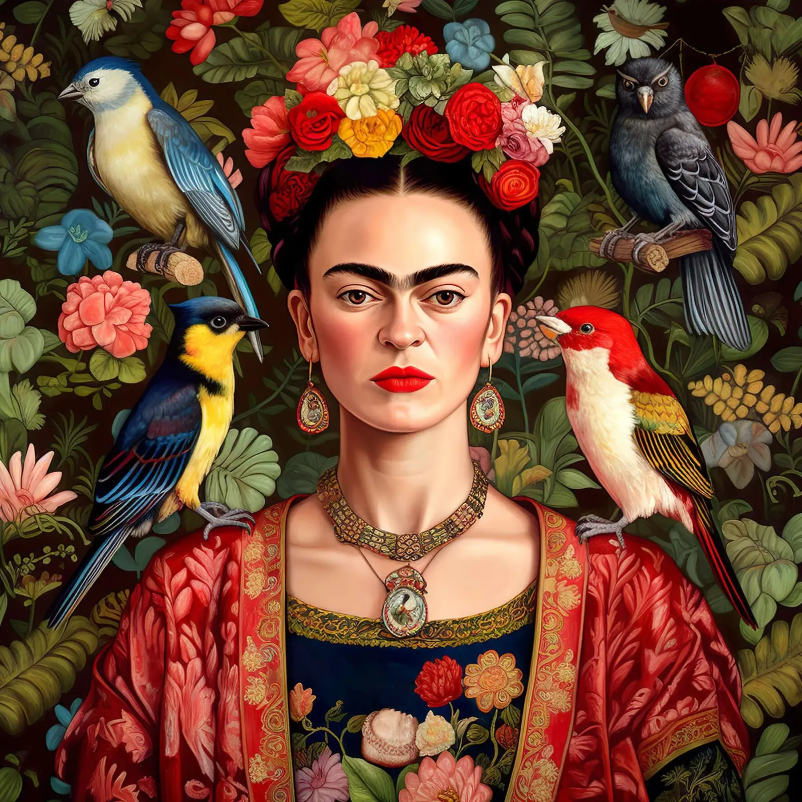 Frida Kahlo con uccelli esotici poster con telaio in legno da David Jackson