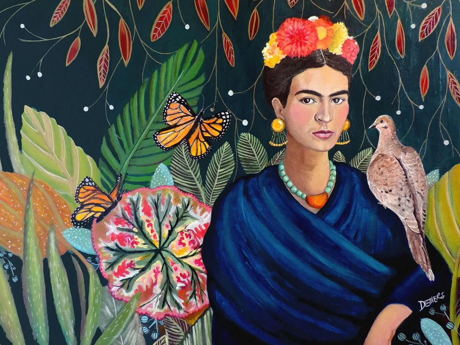 Frida Kahlo con piccione poster con telaio in alluminio da David Jackson