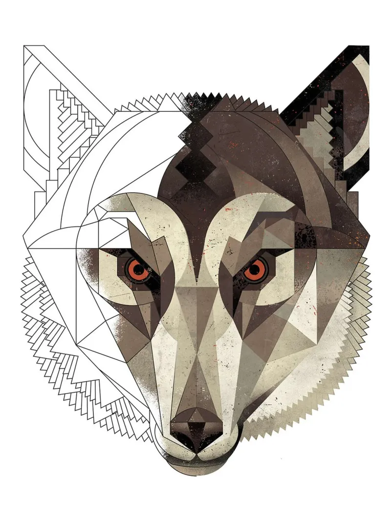 Lupo geometrico poster con telaio in legno da David Jackson