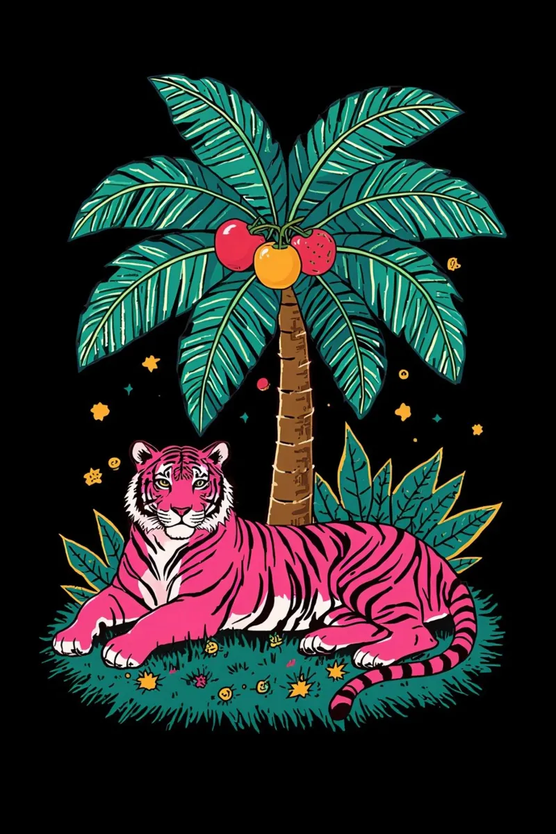 Rosa Tiger unter fruchttragendem Palmenbaum Poster von DesignDoodle