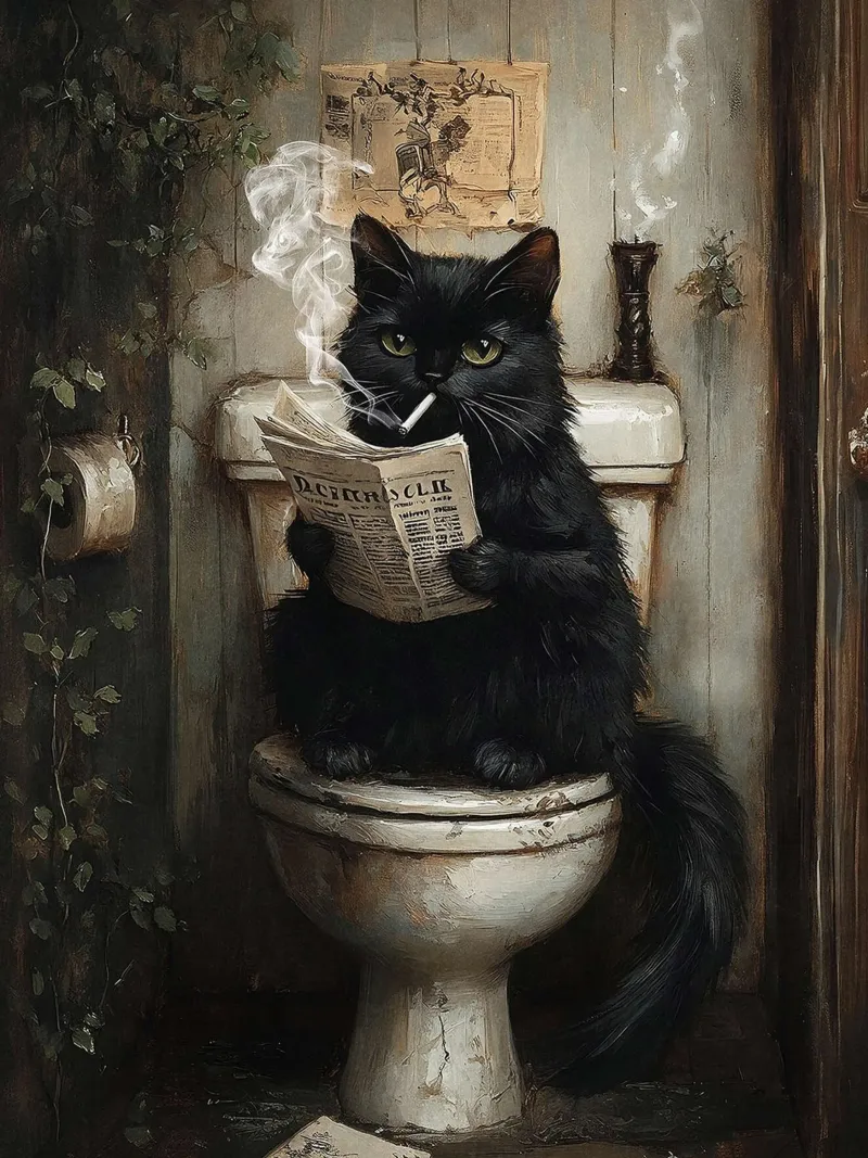 Gatto nero fumante che legge il giornale sul water poster con telaio in alluminio da David Jackson
