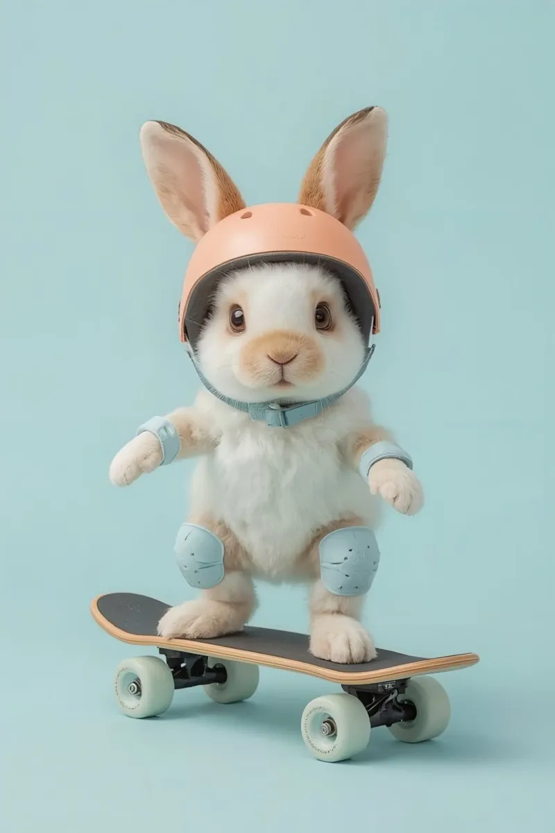 Coniglio su skateboard con attrezzatura di sicurezza poster con telaio in legno da DesignDoodle