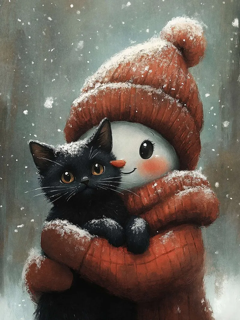 Il pupazzo di neve abbraccia un gatto nero poster con telaio in plastica da David Jackson