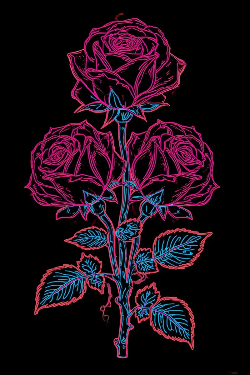 Stelo di rosa con fiori e foglie Disegno lineare rosa e blu poster da DesignDoodle