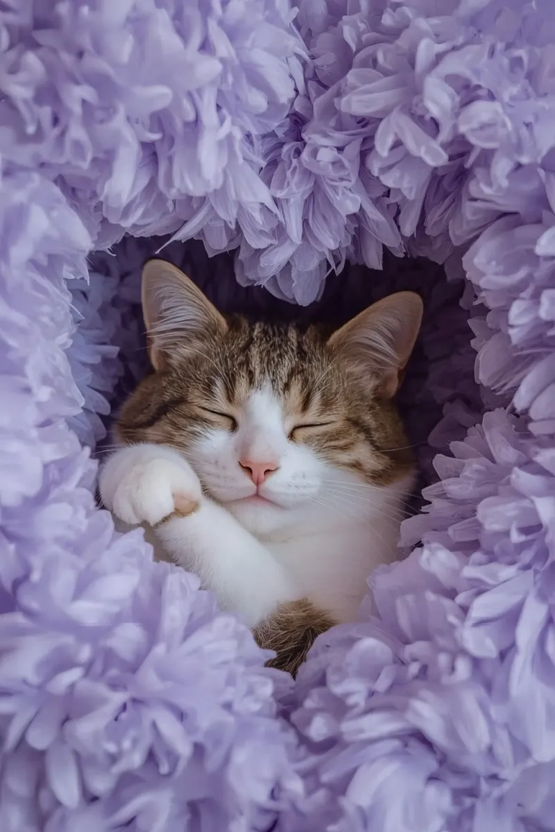 Gatto addormentato con fiori di carta velina viola poster con telaio in legno da DesignDoodle