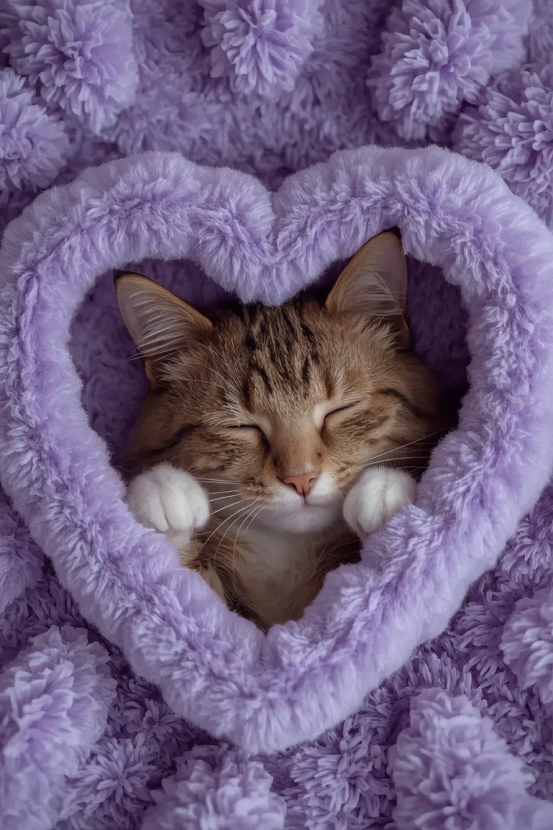 Gatto soriano addormentato dentro la coperta con cuore viola poster con telaio in alluminio da DesignDoodle