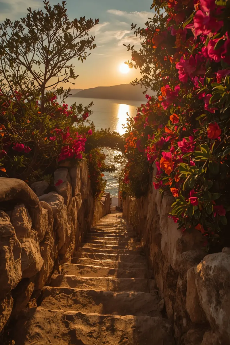 Scala in pietra con fiori che conduce alla vista dell'oceano al tramonto tela con Cornice a cassetta da DesignDoodle