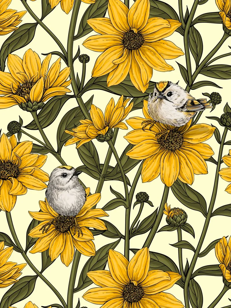 Girasoli selvatici e uccelli di tipo goldcrest/ giallo e verde su cre poster da Painted Nature