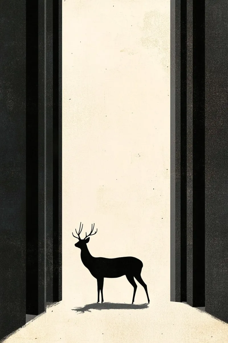 Serene Wanderer - Modern Minimalist Deer & Arches Art Print poster con marco de aluminio de Synthaira