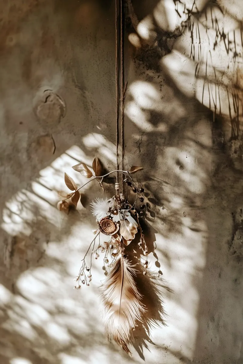 Bohemian Sunlight - Stampa Natura morta con piume e fiori secchi poster con telaio in alluminio da Synthaira