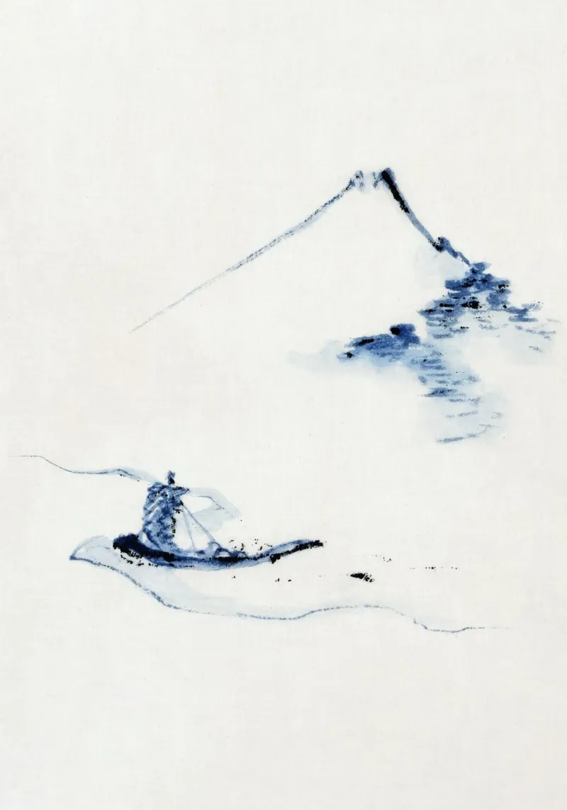 A person in a small boat on a river with Mount Fuji canvas with Floater frame by vintageshop