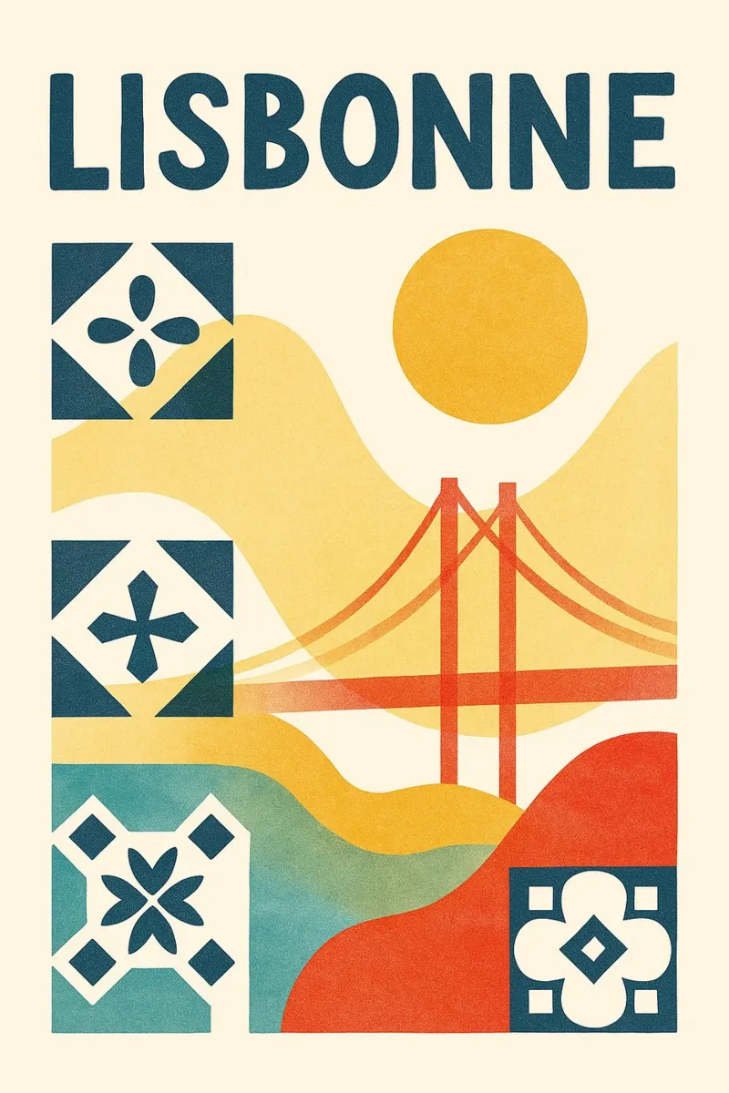 Lisbon poster - Abstract poster with azulejos and bridge canvas with Floater frame by JETLAG | affiches voyage